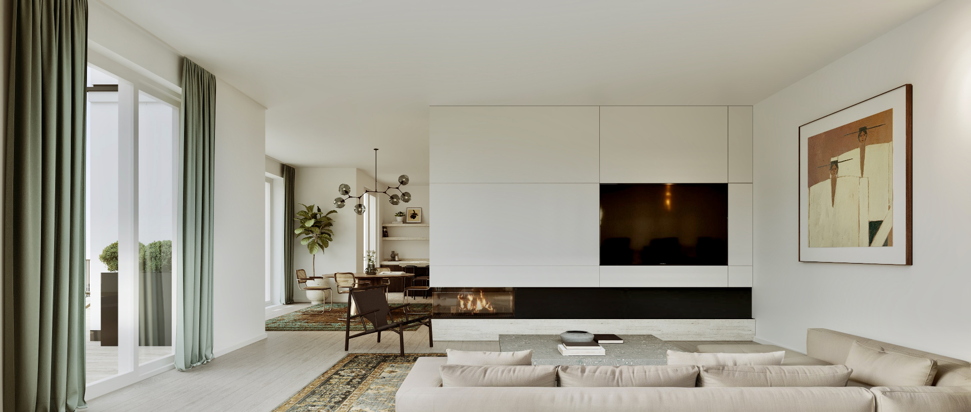 Helles, offenes Wohn- und Esszimmer im Penthouse ESTATE №8 am Sanderplatz 4 mit Blick auf die Dachterrasse