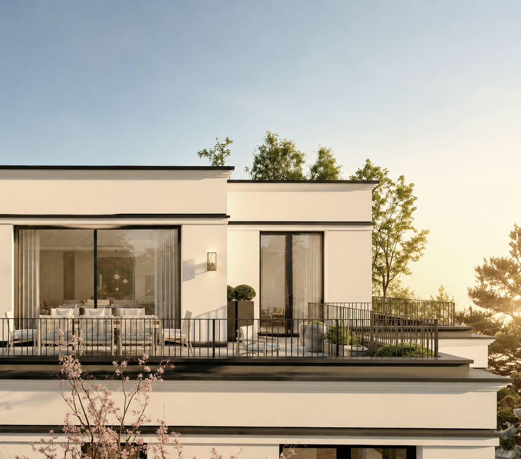 Penthouse ESTATE №8 am Sanderplatz 4 in München-Obermenzing mit Dachterrasse und großzügiger Verglasung im warmen Abendlicht